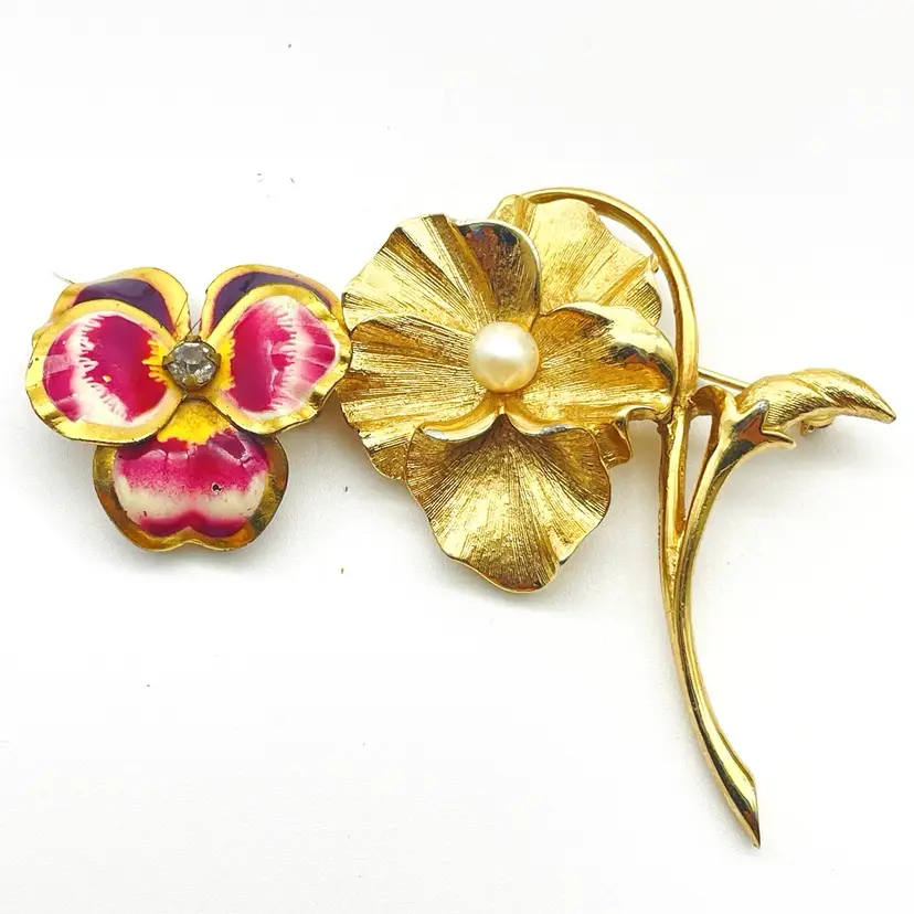 Pansy Brooch Lot of 2 Enameled Two Tone with Rhinestone and Gold Tone with Stem 17678