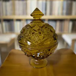 Vintage Amber Glass Kemple Wheaton Hobstar & Fan Compote Candy Dish w/ Lid