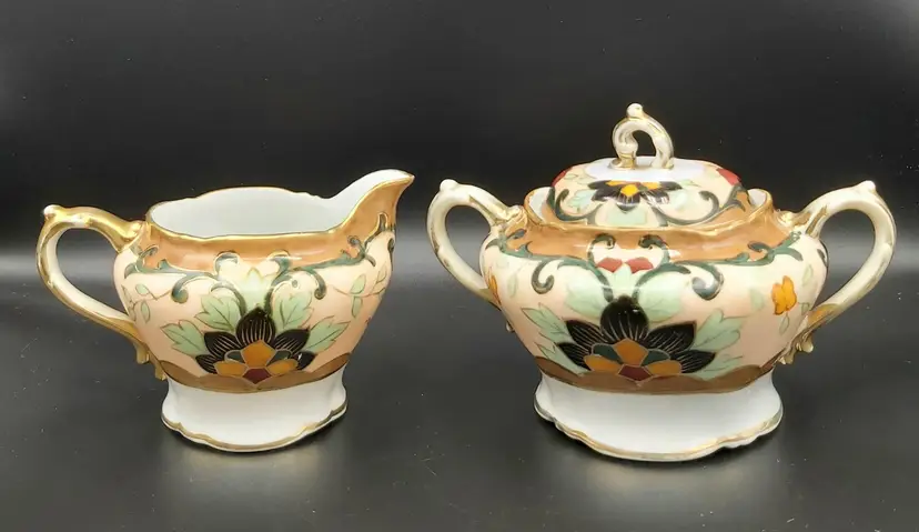 Antique Art Nouveau Noritake Morimura Hand Painted Creamer & Double Handle Covered Sugar Set