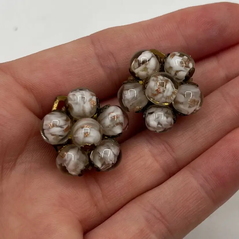 Vintage Marked Made in Italy Gold Flake Glass Cluster Clip On Earrings