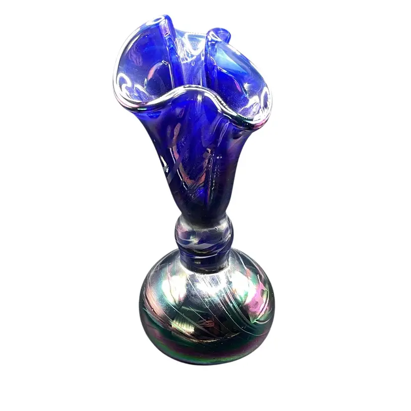 1975 Maude & Bob St Clair Iridescent Blue Hand Blown Glass Paperweight Vase OOAK