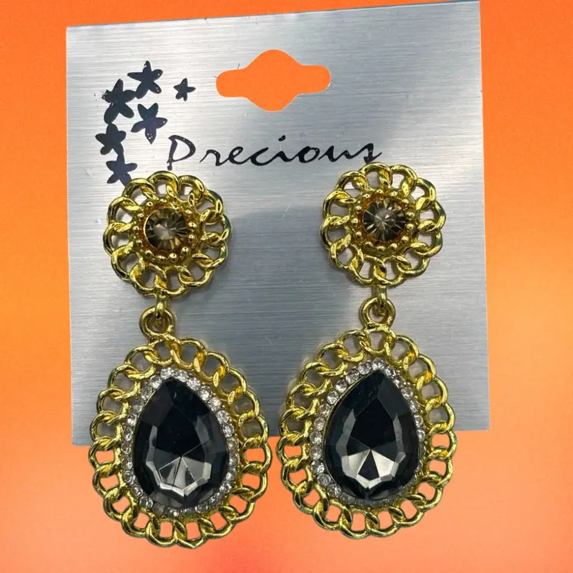 Gold & Black Statement Earrings – Teardrop Dangles with Rhinestone Halo