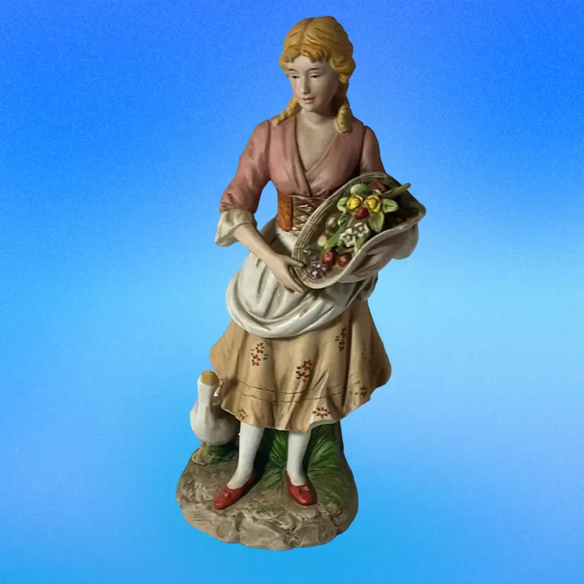 Country Girl With Goose And Basket Of Fruit And Flowers 