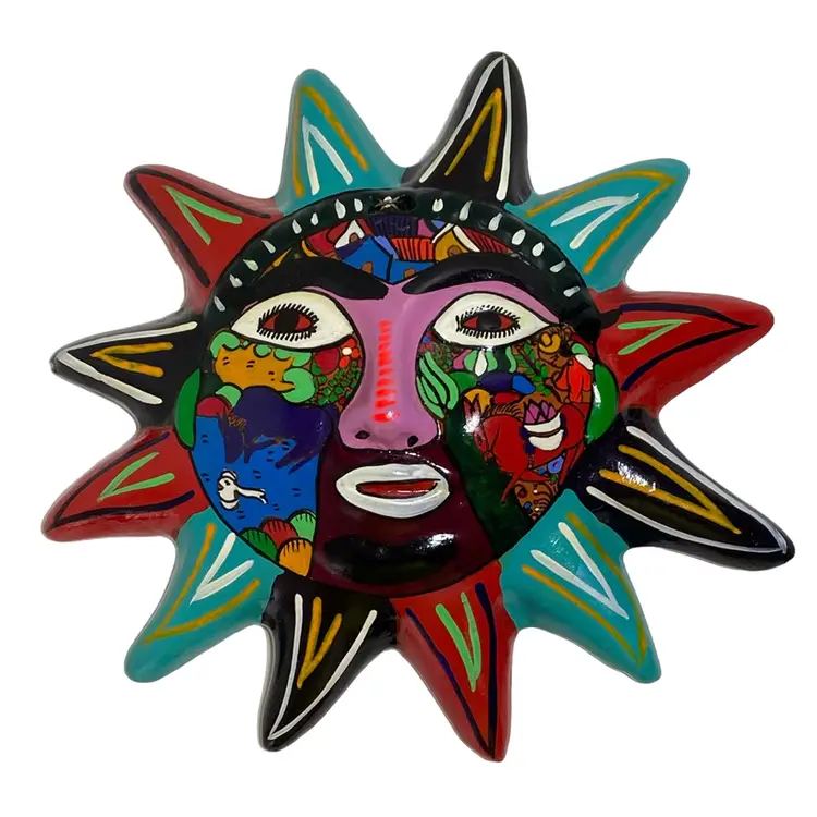 Vintage Pottery Sun, Hand Painted And Glazed With Colourful Designs Of Local Areas And People.