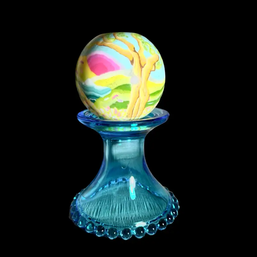 Vintage Turquoise Blue Glass Pedestal Dish or Candle Holder Platform Style 5 in