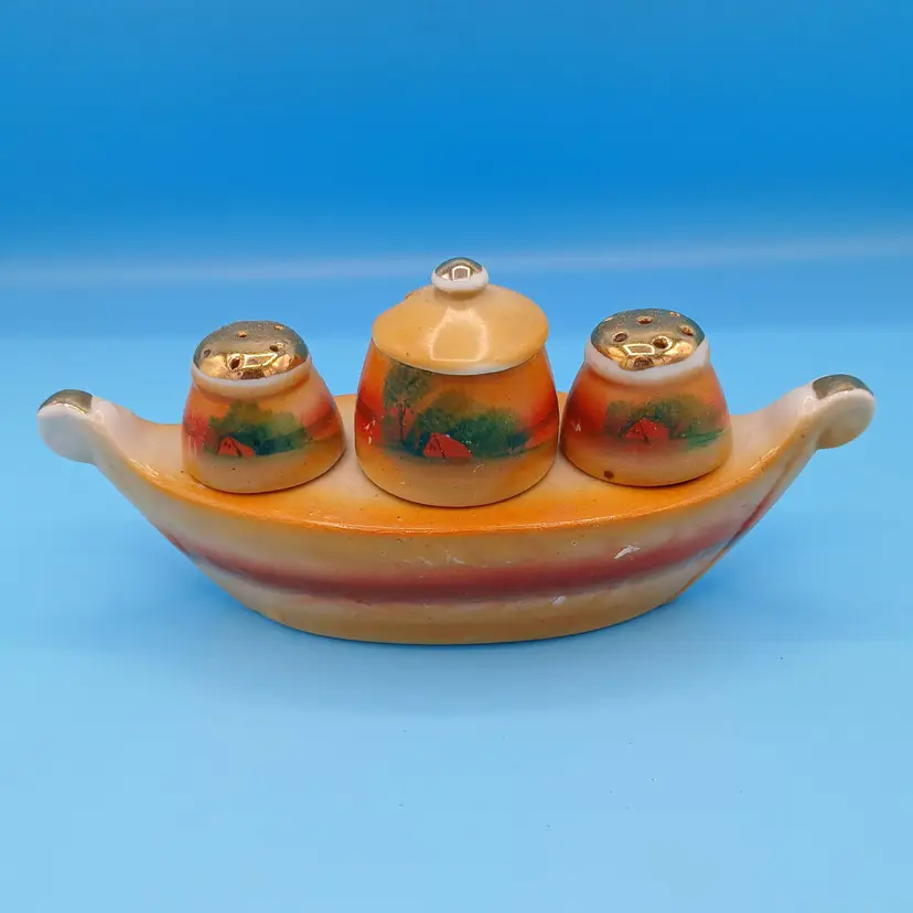 Vintage Hand-Painted Lusterware Condiment Set, Salt, and Covered Jar AS IS, Japan