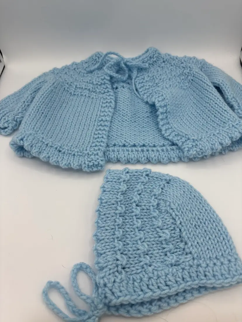 Blue Knit Baby Sweater And Matching Bonnet
