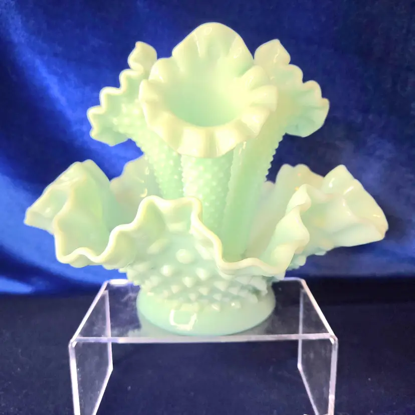 246 Fenton Aqua Milk Glass Epergne Hobnail 3-Horn VTG 1950s