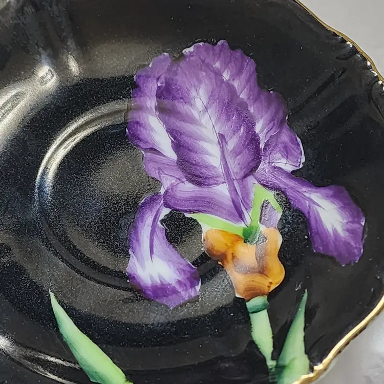 Vintage Japan Serrena China Black Footed Purple Iris Gold Trim Teacup & Saucer