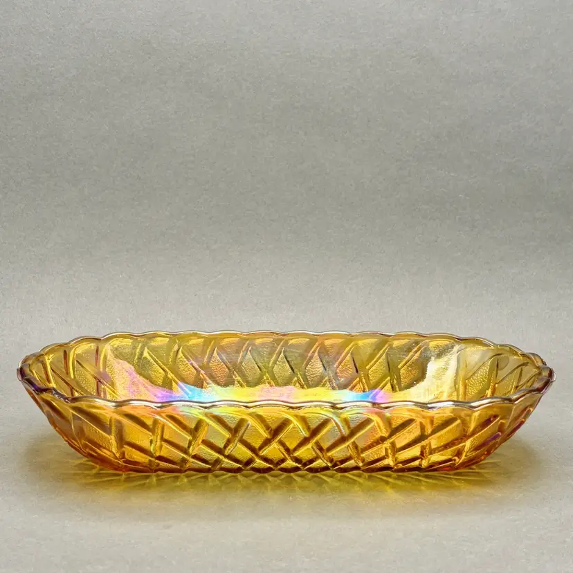 Vintage Indiana Glass Marigold Carnival Glass Oval Celery Dish with Lattice Diamond Pattern