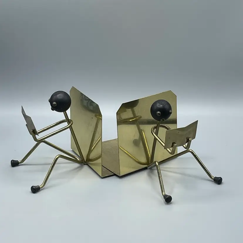Vintage Stick Figures Reading Modernist Brass Bookends 1950s