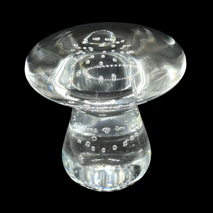 Vintage Mushroom Paperweight Clear Art Glass with Controlled Bubbles 2 3/4”