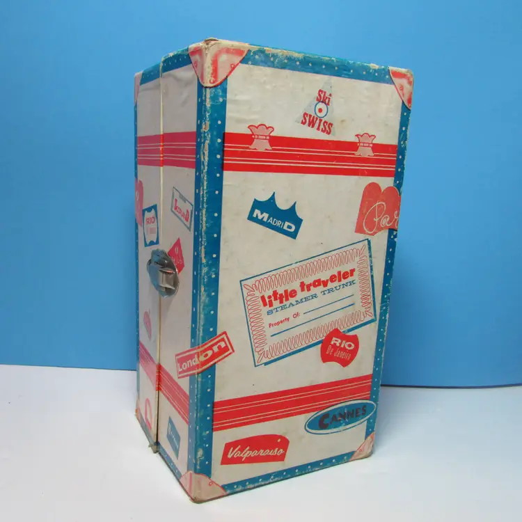 vintage cardboard doll travel case trunk Little Traveler Steamer Trunk has some damage