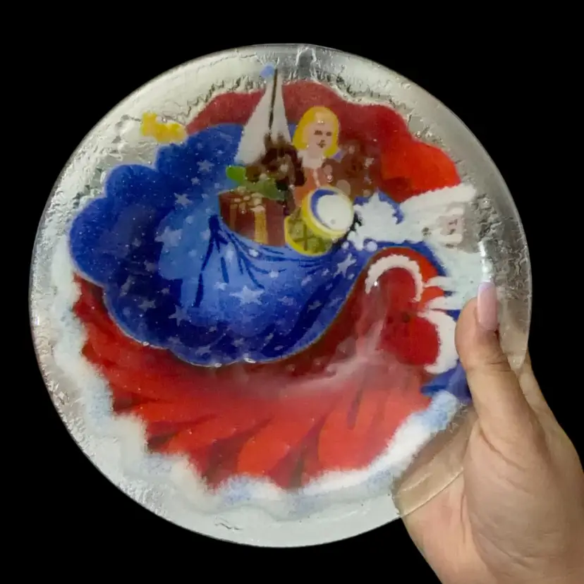 Vintage Peggy Karr Fused Glass Santa Claus With Bag of Toys 8.5” Decorative Bowl