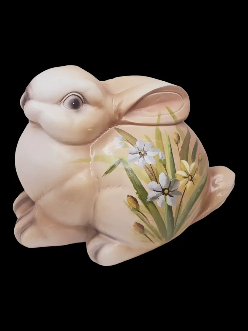 Vintage Happy Floral Ceramic Bunny Rabbit Hand Painted Flowers 6" X 4.5"