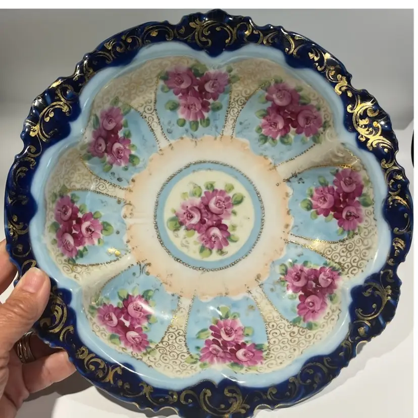 Nippon Moriage -Coraline -Antique Hand-Painted Paneled Bowl – Dimensional Gold beading- Cobalt & Roses- 10” Diameter, 2” High