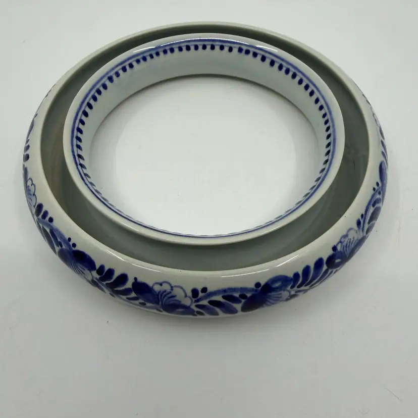 Vintage Delft Ceramic Round Ring Flower Frog Blue White Hand Painted Floral 6.5”