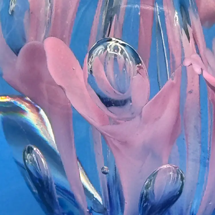 Vintage Hand Blown  Art Glass Paperweight Vase With Pink & Blue Internal Elements & Controlled Bubbles