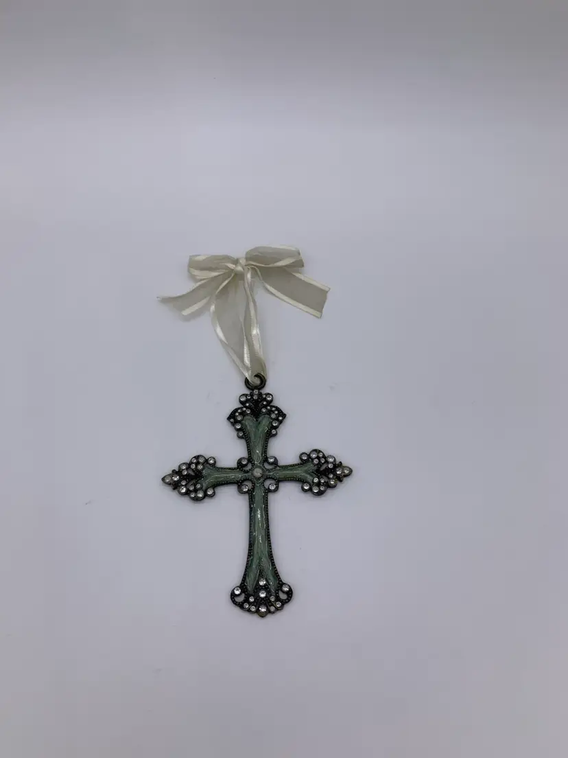 Vintage Metal Ornate Jeweled Hanging Cross Crusifix Ornament Seafoam Green  5.5”