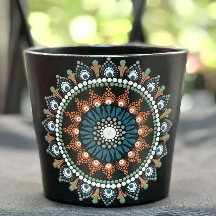 4.7 inch hand painted pot black with blue, green, terracotta