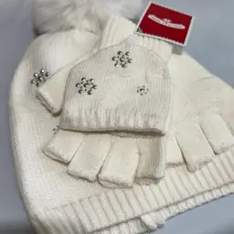 Pom Pom Hat Flip Mittens Set Holiday Time NWT Cozy Winter Warm Cream