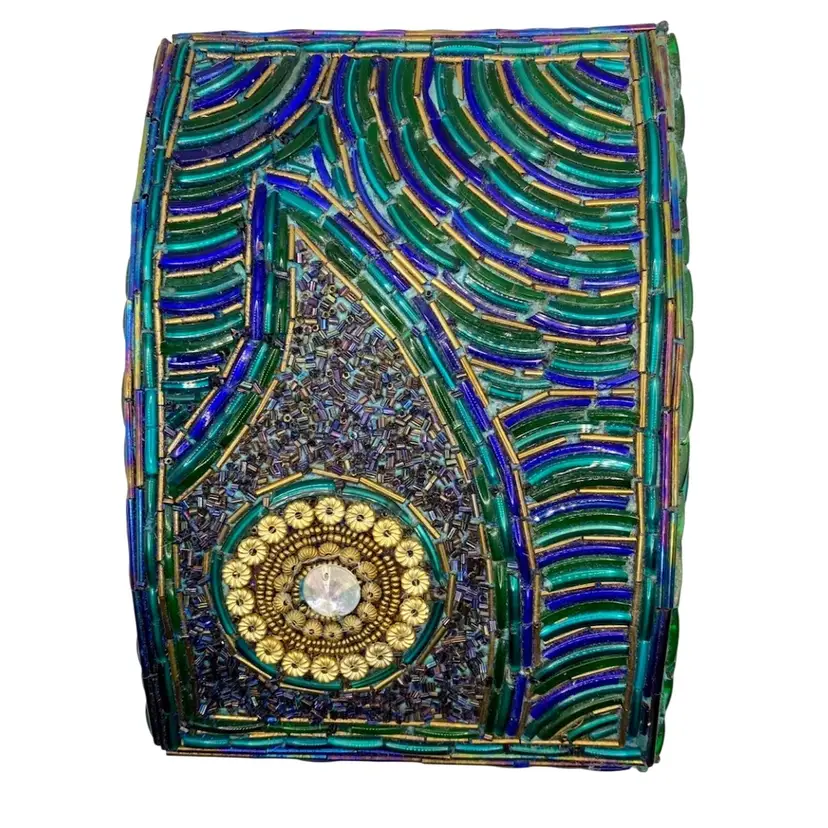 Vibrant Vintage Glass Beaded Peacock Jewelry/Keepsake Box, Wooden, Hinged