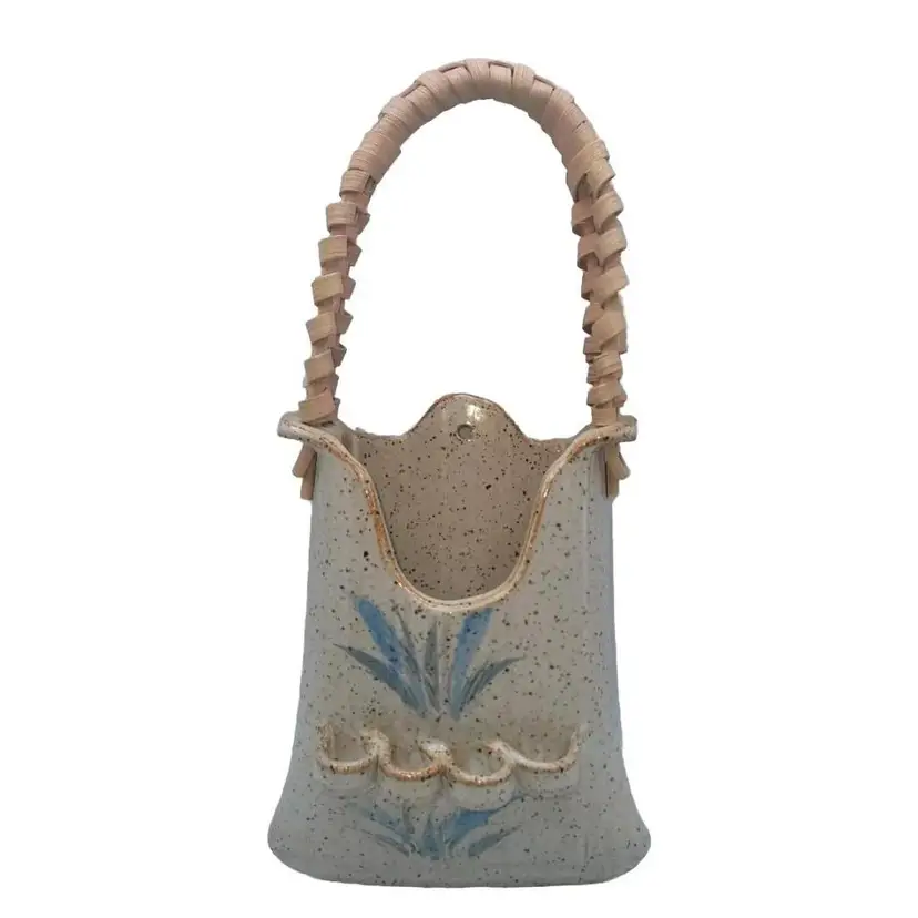 Art Pottery Wall Pocket/Planter • Four Flower Frogs/Loops • Thick Braided Handle