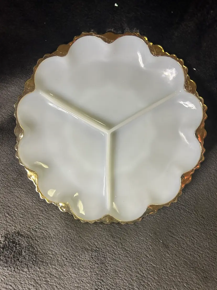 Anchor Hocking Fire King Milk Glass W/Gold Trim 3 Section Divided Tray/Dish