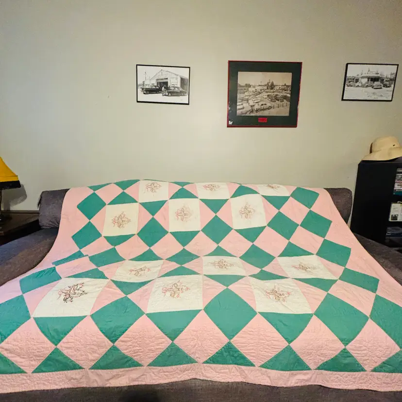 Handcrafted Quilt Blanket Repeating Pink and Green Diamond Patchwork Embroidered Basket