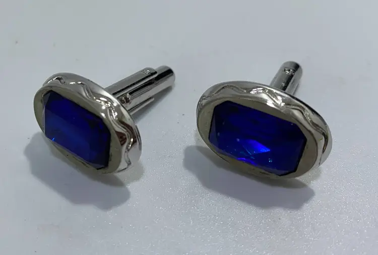 Vintage Hickok Faux Blue Rhinestone Oval Silver tone Cufflinks