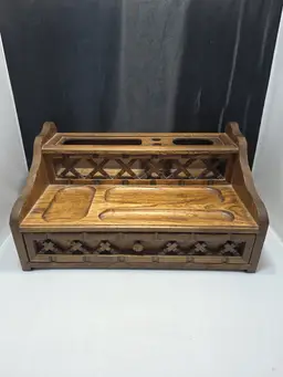 Vintage Oak Mens Dresser Valet Jewelry Box W Drawer Lattice (AB)