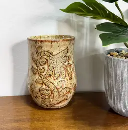 Vintage Handmade Studio Pottery Vase Crock Cup Brown Floral 4.5"