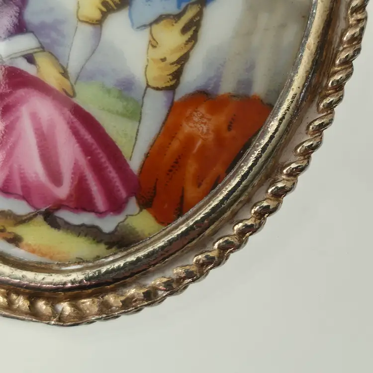 Vintage Limoges France Porcelain Courting Couple Brooch Pendant