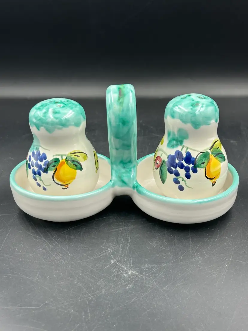 Hand Painted Ceramic Vietri Italy, Salt, And Pepper Shaker Set With Handled Caddy