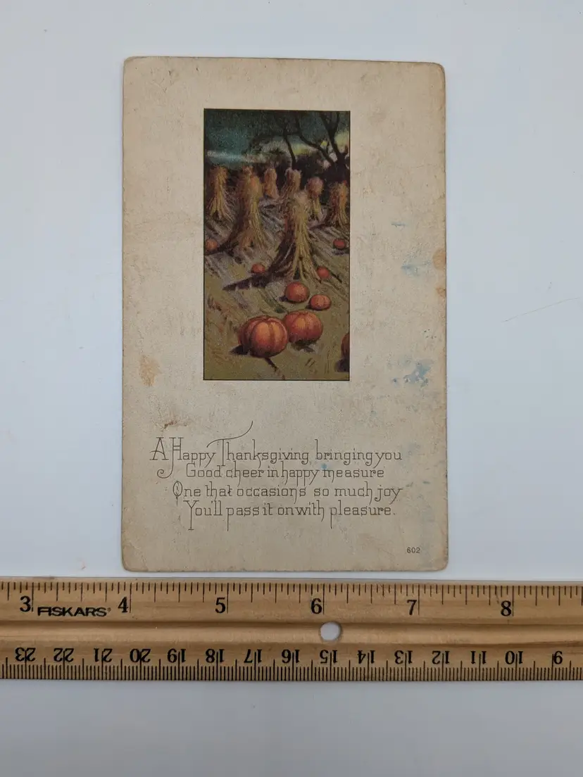 E95. Antique Postcard Postmarked 1922 "A Happy Thanksgiving" pumpkins fall scene red 2¢ stamp
