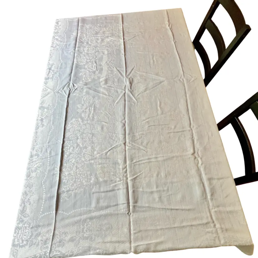 Linen DamaskTablecloth Art Nouveau Roses Pattern Quality Vintage Linen Blue  60” x 48” As Is