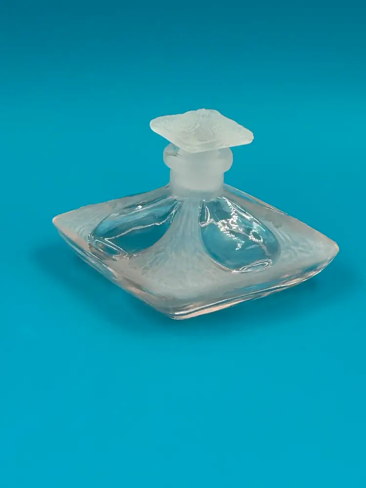 Vintage Pink Glass Square Art Nouveau Style, Frosted Perfume Bottle Floral Design