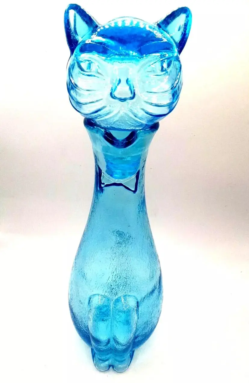 Vintage Ruffino Empoli Cat Decanter Bottle Teal Blue 1960's MCM Italian Glass 13"