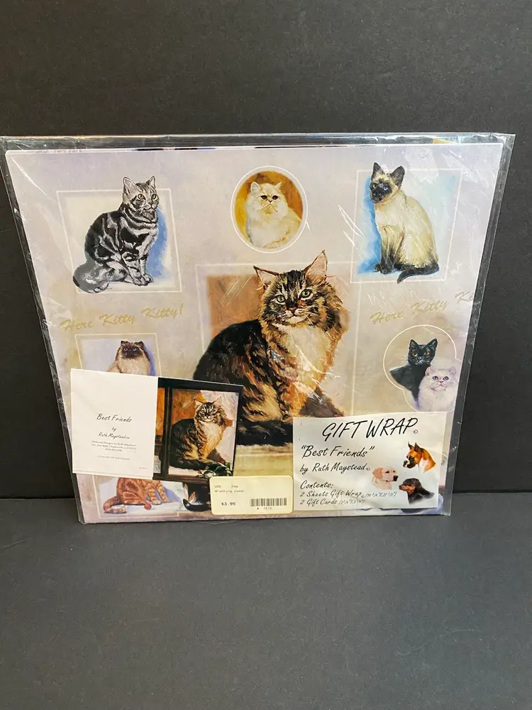 Vintage Gift Wrap Cats Best Friends By Ruth Maystead 2 Sheets/2 Cards