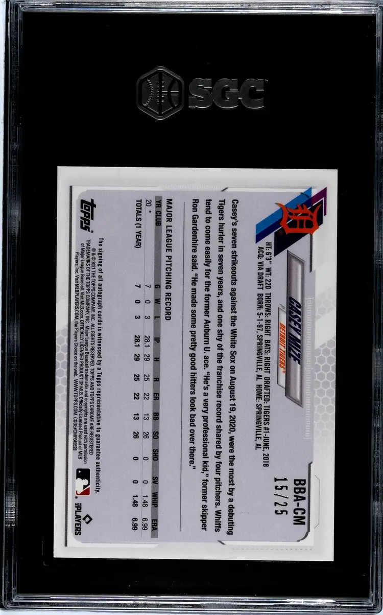 2021 Topps Chrome Ben Baller Casey Mize RC ORANGE Refractor AUTO /25 SGC 10/10