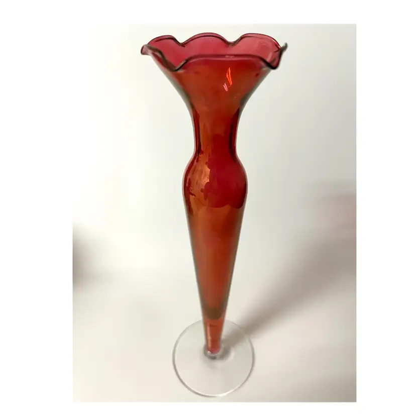 Hand Blown Glass Cranberry Red Flower Bud Vase Ruffled Edges 10.2 in Height