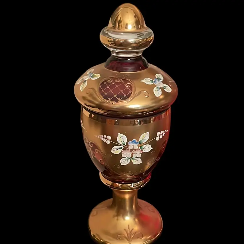 Hand Blown Cranberry Glass Urn With Lid