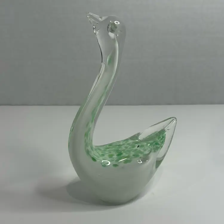 Art Glass Swan With White And Green Speckles