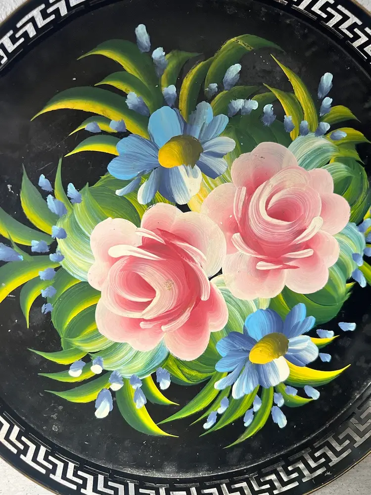 Black Metal Vintage Toleware Hand Painted Floral Tray