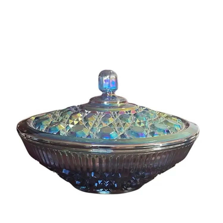 Vintage Indiana Carnival Glass Iridescent Blue Candy Dish w/ Lid Windsor Pattern