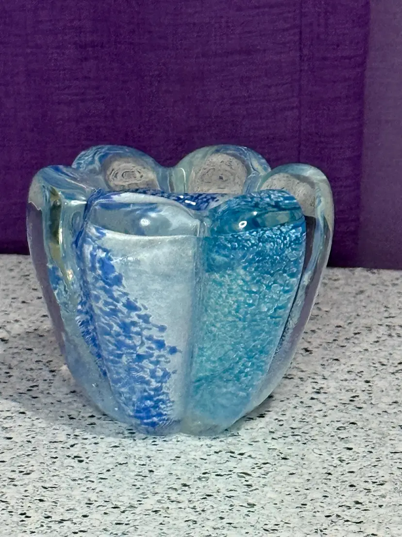 Hand-Blown Blue Art Glass Candle Holder – Ocean Wave Design