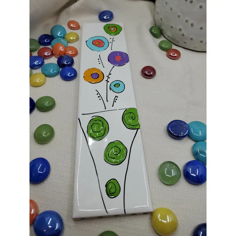 Whimsical Handpainted Flowers On Italian Tile 2.25" X 9.75" Ready To Hang Signed By Artist