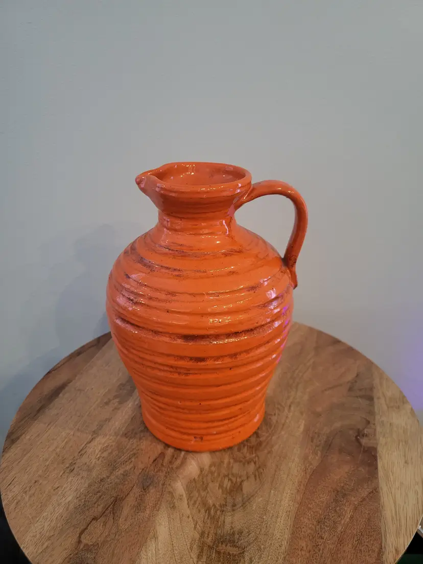 Vintage MCM Rosenthal Netter Pitcher/Vase Orange Glaze Ribbed Textured Pottery