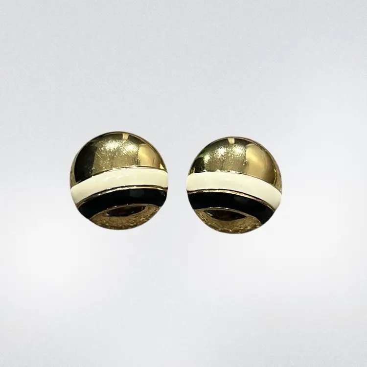 Vintage Monet Chunky Dome Gold Tone Earrings With White And Black Enamel