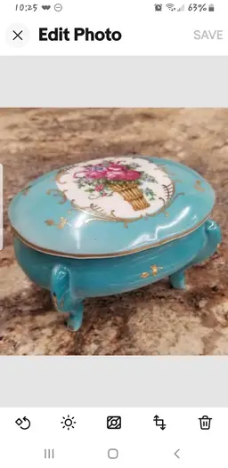 Vintage Porcelain Trinket Box w/Lid Turquoise Blue & Floral Theme w/Gold Accents